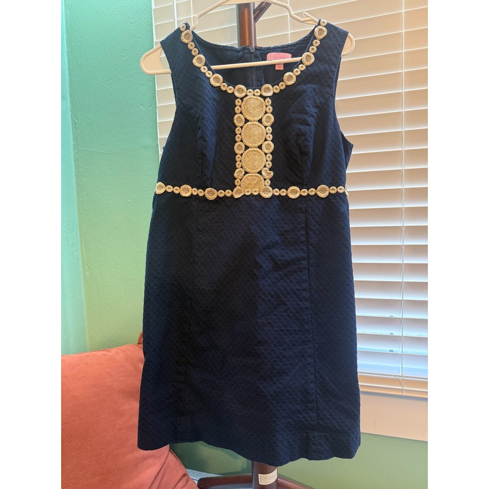 Lilly Pulitzer Dress Womens 10 Navy Blue White Embroidered Sleeveless Preppy